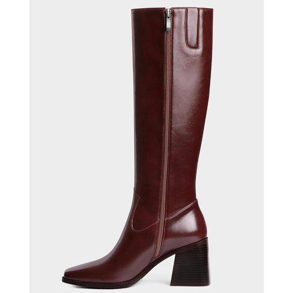 Women Maroon Polyurethane Knee High Square Toe Side Zipper Block Heel Tall Boots - Picture 8 of 9